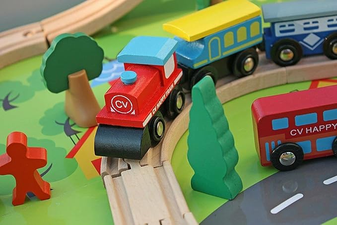 Wooden Train Set with Table 90 Pieces Wooden Kids Activity Toy Table Playset with Reversible Detachable Tabletop, Tracks, Train, Railway, City, Gift for Toddler Boys Girls Ages 3+
