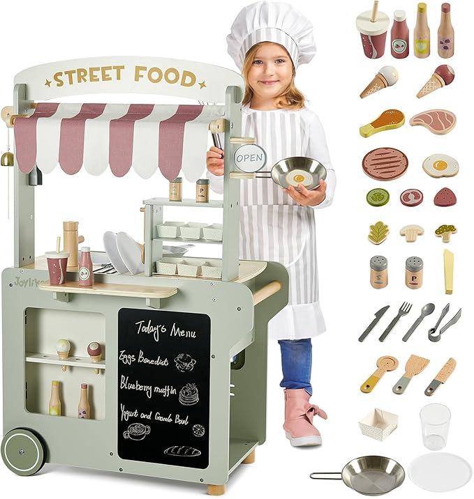 Wooden Food Cart, Kitchen Playset 50-Piece Toddler Pretend Play Grocery Store with Sink and Ice Maker, Kitchen Set for Kids Ages 3+, Gift for Boys and Girls