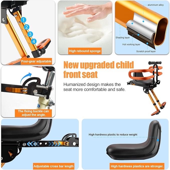 Kids Bike Seat with Handlebar Attachment, Detachable Front Mounted Child Bicycle Seats with Foot Pedals for Children 2~5 Years, Compatible with All Adult Mountain Bikes (Handle+Seat)