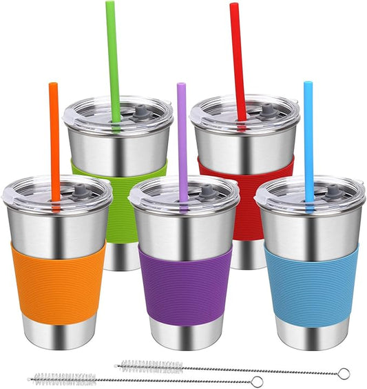 Stainless Steel Cups, 5 Pack 16oz Kids Drinking Glasses Spill Proof Metal Tumblers Cups with Lids and Straws for Toddlers and Adults