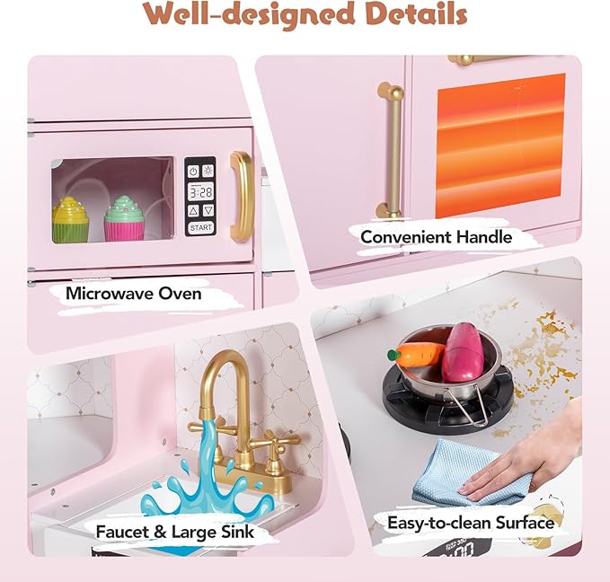 Corner Play Kitchen for Kids, Wooden Toddler Kitchen Playset with Ice Maker, Oven, Sink, Range Hood with Light, Ultimate Pretend Play Toy Kitchen Set Gift for Boys Girls Age 3+, Pink