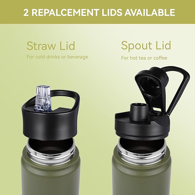 HASLE OUTFITTERS Insulated Water Bottle Kids 16 oz Double Wall Vacuum Stainless Steel Water Bottle Leak Proof for School Wide Mouth with Straw Lid & Spout Lid Keeps Cold and Hot(Army Green,4pack)