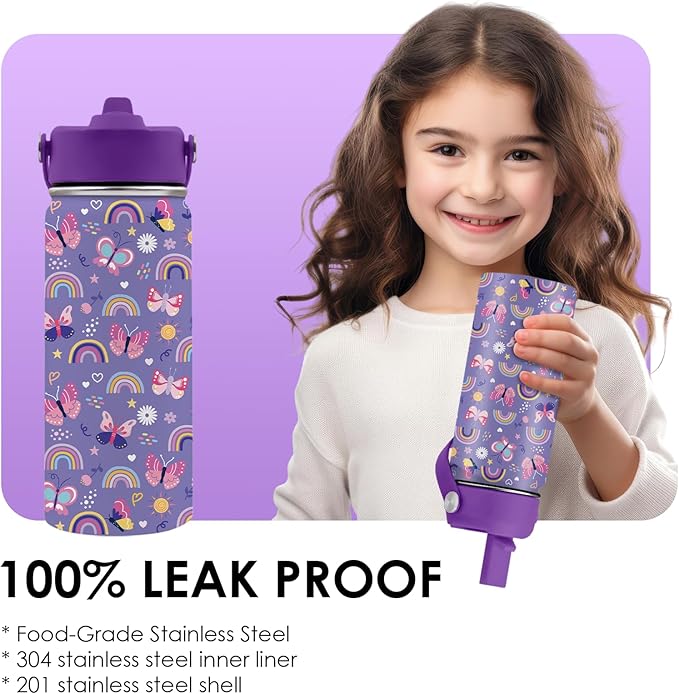 Butterfly Gifts - 16oz Purple Kids Water Bottle with Straw Lid, Stainless Steel Insulated Tumbler, Leakproof, BPA-Free, for Girls, School, Travel - Butterfly Rainbow Themed Birthday Gift Cup (1pc)