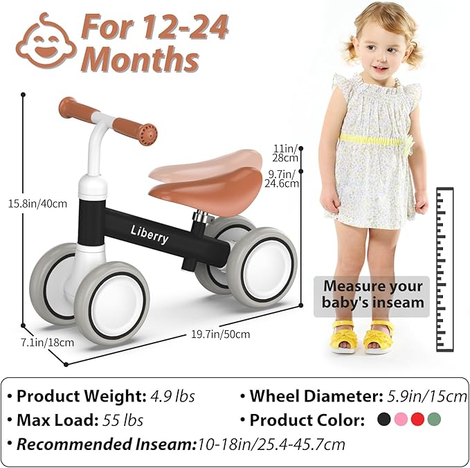 Liberry Baby Balance Bike with Adjustable Seat, Toddler First Ride-On Toy for 1-2 Year Old, Boys Christmas & Birthday Gift