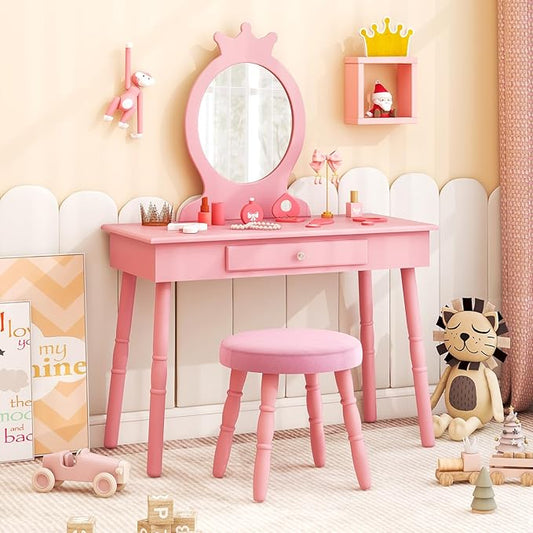 HONEY JOY Pink Crown Makeup Vanity, Includes Chair & Real Glass Mirror, Large Engineered Wood Kids' Vanity Set, Safe & Sturdy, Easy to Install & Clean, Pink