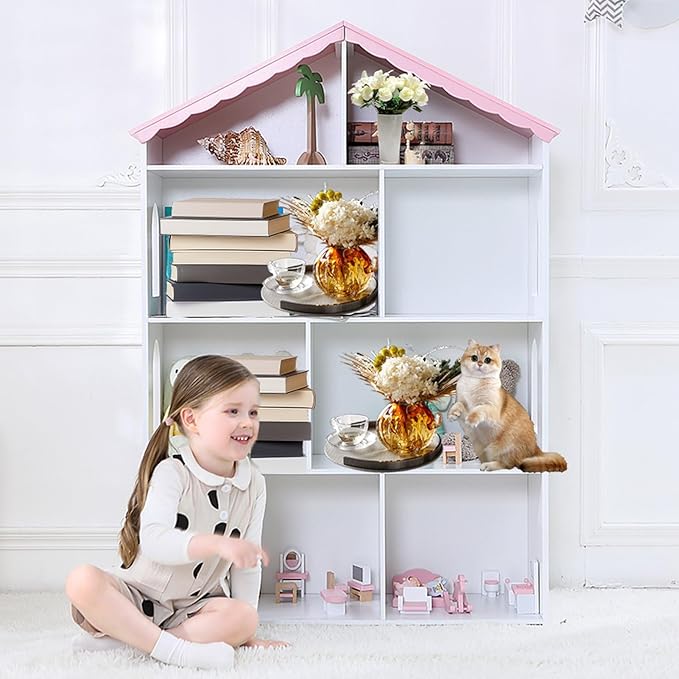 4-Tier Wooden Kids Bookcase, Toy Storage Organizer with Dollhouse Design, Multi-Functional Bookshelf with 4 Shelves for Bedroom Playroom, Easy Assembly for Boys & Girls