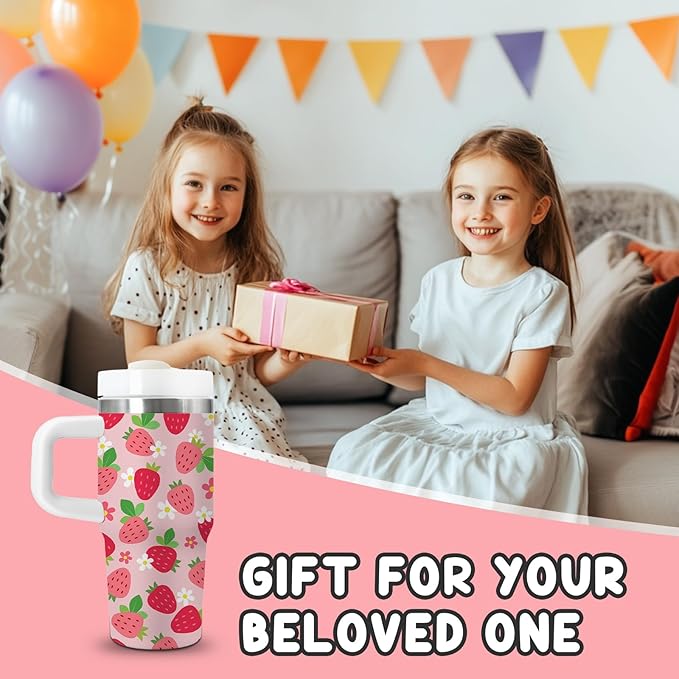 Strawberry Gifts for Girls - 14oz Pink Kids Strawberry Tumbler with Handle and Straw, Stainless Steel Insulated Water Cup, for School, Travel - Strawberries Themed Children Birthday Gift Cup(1pc)