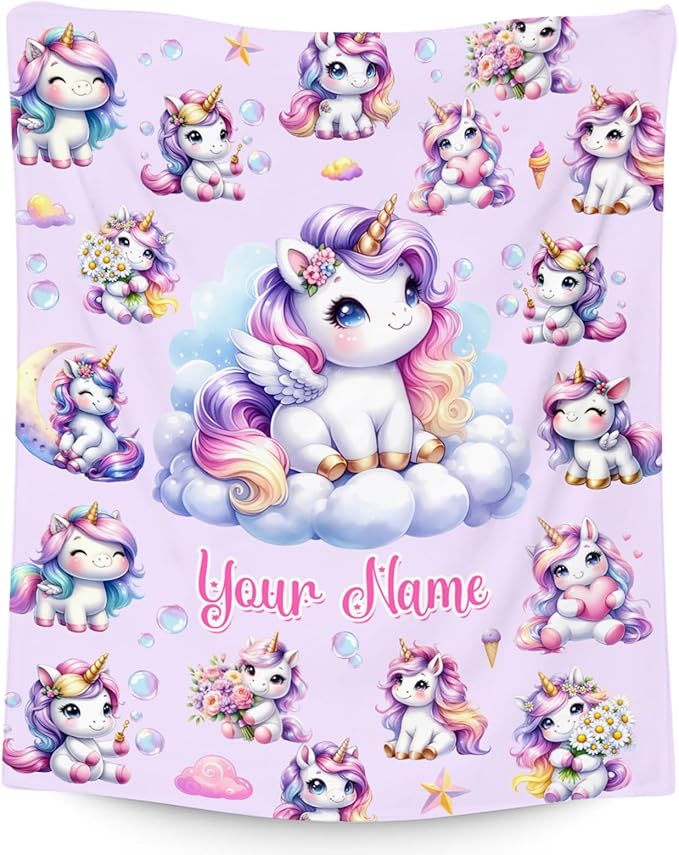Gifts for Girls, Unicorn Blanket Gifts for Kids Unicorn Lovers, 50"x60" Personalized Soft Flannel Throw with Name for Teens Child Women