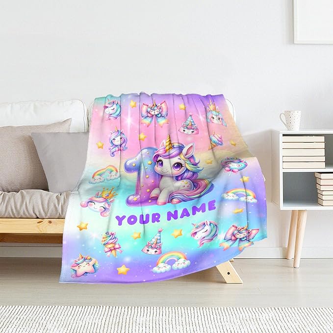 Personalized Birthday Blanket for Girls, 40 x 50 Inches Unicorn Throw - Soft Warm Blankets Gifts for Birthday Decorations - Cute Unicorn Throws for Sofa Couch