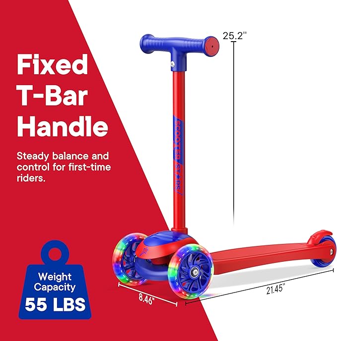 3 Wheel Scooter for Kids, Smooth Light Up LED Front Wheels, Wide Anti Slip Deck, Rear Foot Brake, Easy Lean to Steer Maneuvering, Indoor & Outdoor Ride On Toys for Ages 2 Up