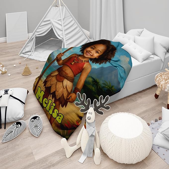 Personalized Adventure Baby Blanket, Kids Cartoon Beach Theme, Custom Photo Blanket with Name, Unique Gift for Baby Girl, Soft Fleece Throw Blanket