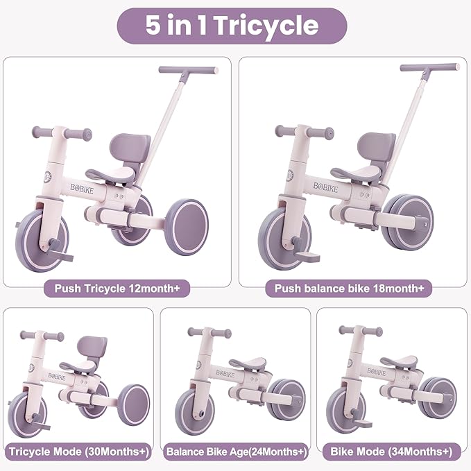 5-in-1 Tricycle for Toddlers 18 Months to 5 Years Old, Toddler Bike, Kids Tricycle with Push Handle and Backrest, Toddler Balance Bike with Easy Assembly for Boys and Girls. (Purple)