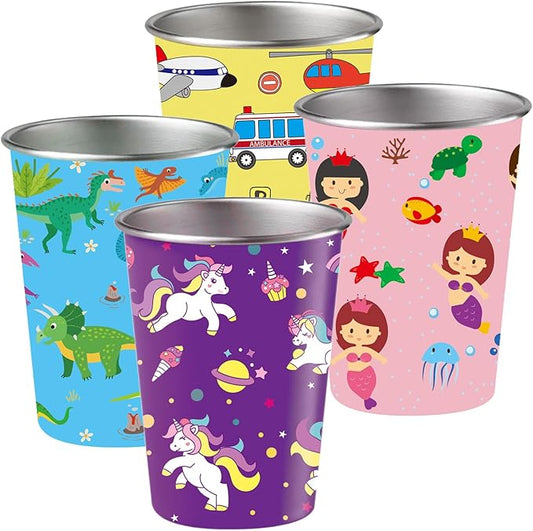 LOZACHE Stainless Steel Kids Cups, 4 Pack 12oz Metal Drinking Pint Cup with Fun Prints (Unicorn, Mermaid, Dinosaur, Vehicles), Stackable Drinking Glasses, BPA Free, Reusable for Home Party Camping