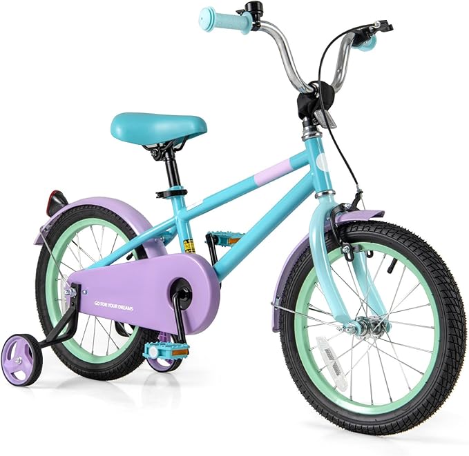 BABY JOY Colorful Macarons Kids Bike, 12 14 16 18 Inch Sporty Children's Bicycle with Training Wheels, Adjustable Handlebar & Saddle, Handbrake & Coaster Brake, Boys Girls Bike for 3-8 Years Old