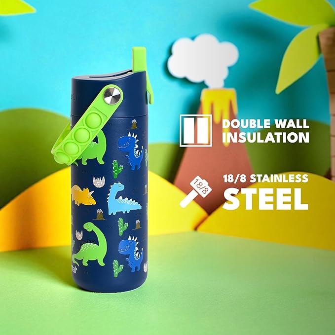 Elemental Insulated Kids Water Bottle, Stainless Steel Water Bottle with Straw Lid & Pop-It Handle, Leak-Proof Water Bottles for School, Boys or Girls, Travelling and Sports, 18oz - Dinosaur