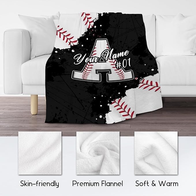 Personalized Baseball Blanket - Custom Initial Name Gifts for Boys - Soft Sports Flannel Throw for Kids Son - 30x40 Inches Chair Blanket - Cool Ideas Decoration for Baseball Lovers