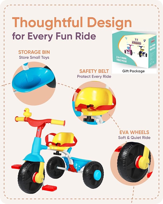 KRIDDO 2 in 1 Kids Tricycles Age 18 Month to 3 Years, Gift Toddler Tricycles for 2-3 Year Olds, Trikes for Toddlers with Push Handle and Duck Bell (Classic, EVA Wheel)