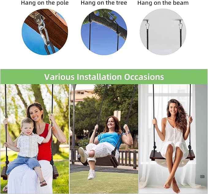 PELLOR Wood Swing Seat, Carbonized Hanging Wood Tree Swing 19.7 x9.8 x1.0 inch for Adult Kids Children Anticorrosive & 100% Waterproof Wooden Swing Set 550 lbs Load Indoor Outdoor Backyard Play