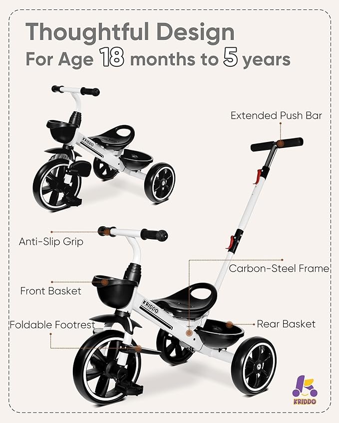 KRIDDO 2-in-1 Toddler Tricycle for Ages 18 Months to 5 Years Old - Extended Push Handle for Effortless Push, Gift Trike for Toddler 3 to 5 Year, Kids Tricycle with Foldable Front Footrest, White