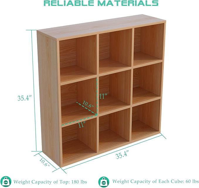 9-Cube Storage Shelf Bookcase - Wooden 3-Tier Floor Standing Open Bookshelf for Home and Office, Display Cabinet, Oak