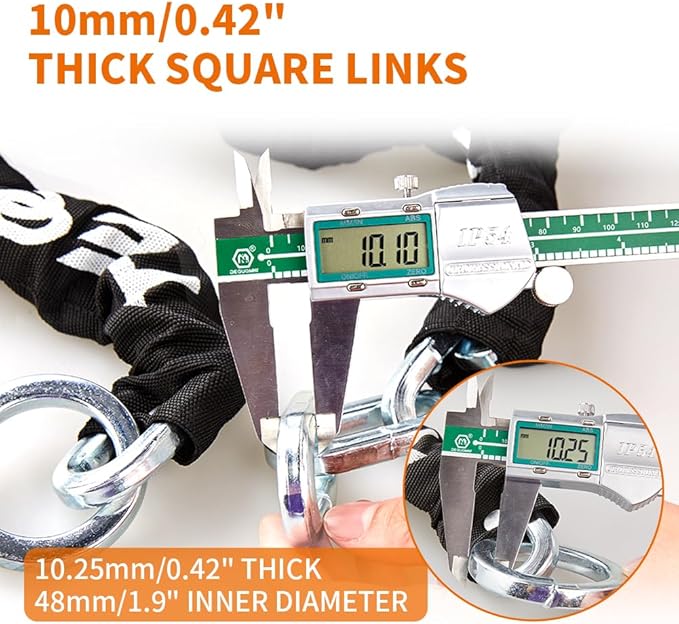 Motorcycle Chain Lock 6.6ft/200cm Heavy Duty Anti-Theft Security 10mm Thick With Bright-Colored Lock, 4 Keys for Motorcycles, Containers (10.36lbs)