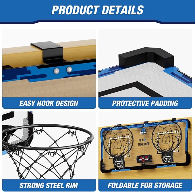 2 Player Basketball Game, Dual Shot Over The Door Mini Basketball Hoop Indoor with Scoreboard & LED, Basketball Toy Gifts for Kids Boys Girls Adults, Suit for Bedroom/Office/Outdoor/Pool, Blue