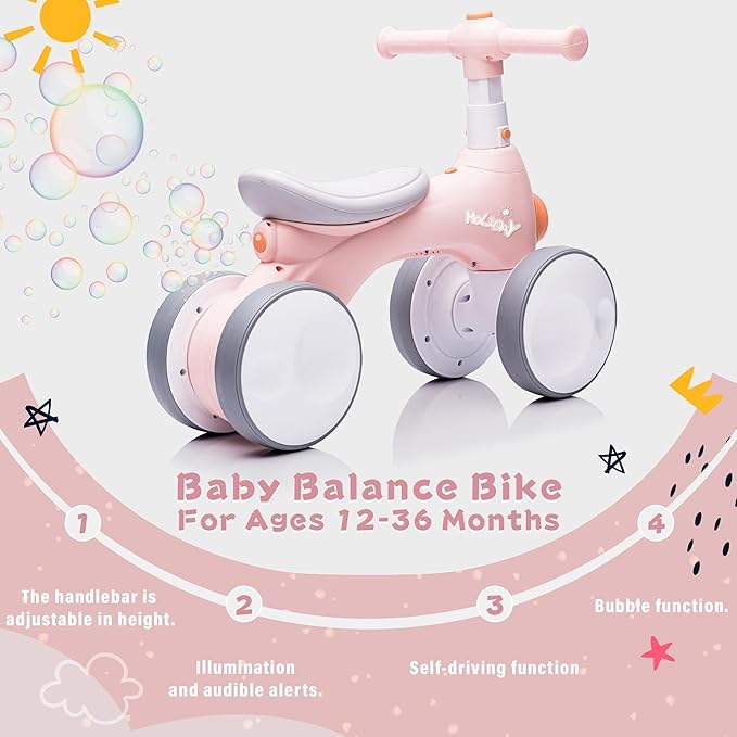 Baby Toddler Balance Bike with Bubble Machine for 1 Year Old Children,4 Wheels Kids Balance Bike w/Bubble Maker,Kids Ride on Toys,Headlight for Ages 12-36 Months Boys Girls (Pink&Orange)
