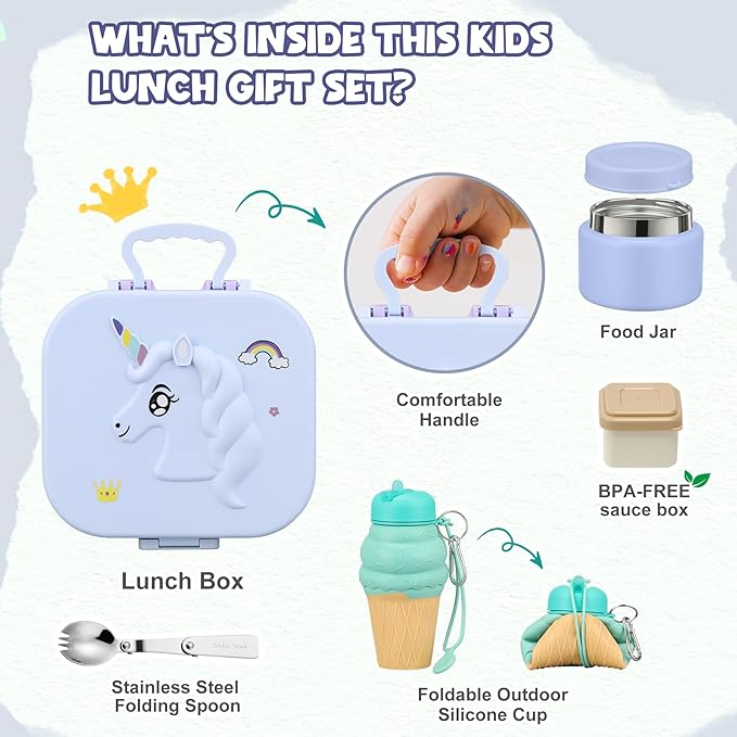 Kids Lunch Box Set -12oz Insulated Food Jar, Thermal Bag,Leakproof Lunch Food Containers Cutlery (BPA Free)-Gift for Girls/Boys Age 3-10 (Blue+Blue Jar)