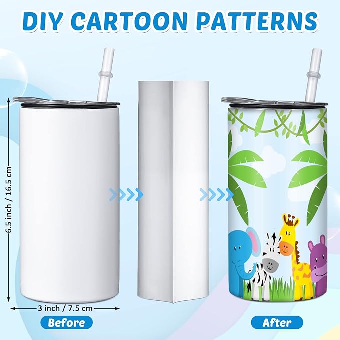 12 Sets 12 oz Sublimation Blanks Sippy Cups for Toddlers Insulated Stainless Steel Kids Sublimation Tumbler Cups with Lids and Straws, 2 Heat Tape, 12 Polymer Thermal Transfer Coating, Coaster, Brush