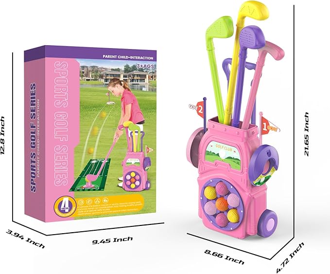 Kids Golf Toy Set for Toddlers Ages 3-5 – Preschool Sports Toys with Golf Cart, Putting Mat, 4 Clubs, 7 Balls & 2 Holes – Indoor Outdoor Learning Gift for Boys & Girls