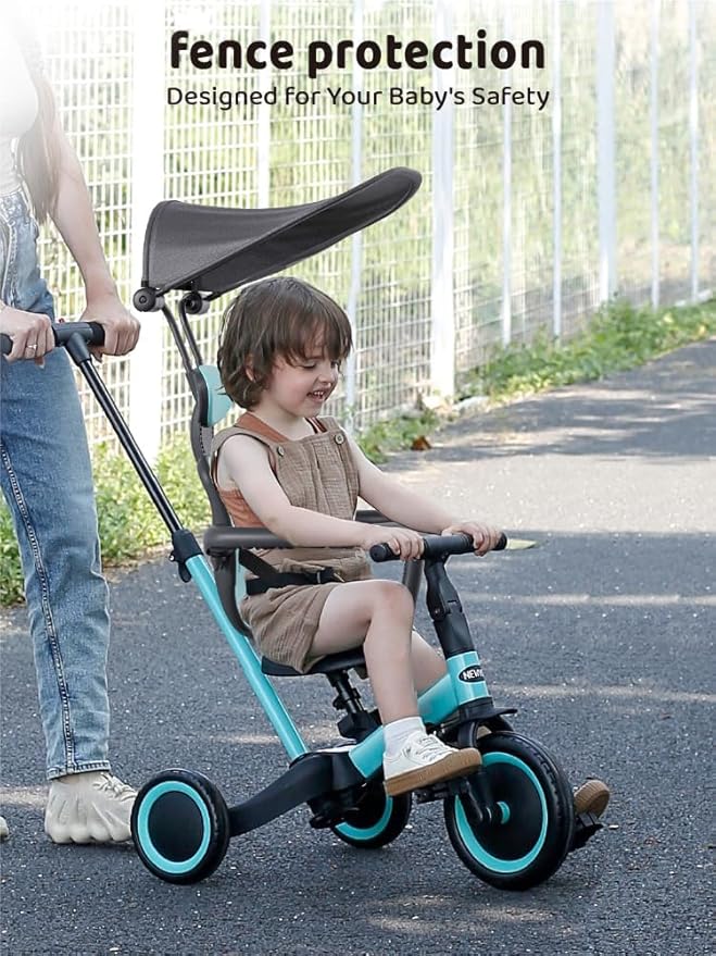 newyoo Tricycle for Toddlers 1-3, Toddler Bike, Birthday Gift and Toys for Girl and Boy, Push Trike with Handle and Canopy, 6 in 1 Baby Trike, Balance Bike, TR009, Blue