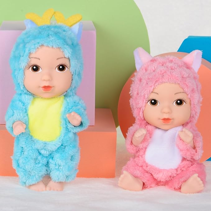 6 Pack 5 inch Baby Dolls-PVC Mini Figures with Cute Animal Outfits, Safe Toys for Kids, Collectible Display Stress Relief