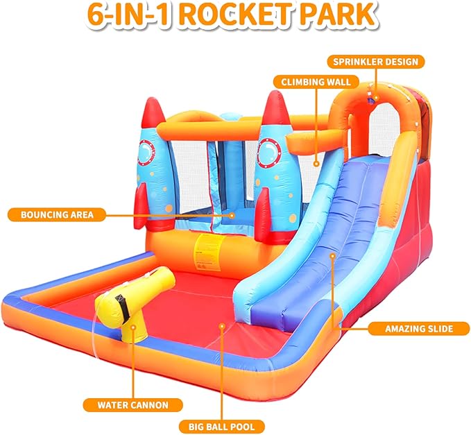 Inflatable Water Slide - Bounce House for Kids,Bouncy Castle for Kids Outdoor,Water Bounce House with Slide,Inflatable Water Park,Rocket Bounce House with Blower