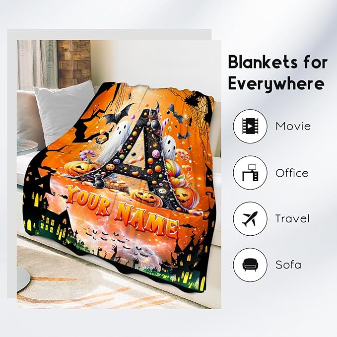 Halloween Blanket - Personalized Kids Blanket for Boys - Custom Gifts with Initial Name, Monogram Gifts for Son & Grandson - 50"x60" Soft Plush Toddler Throws for Party