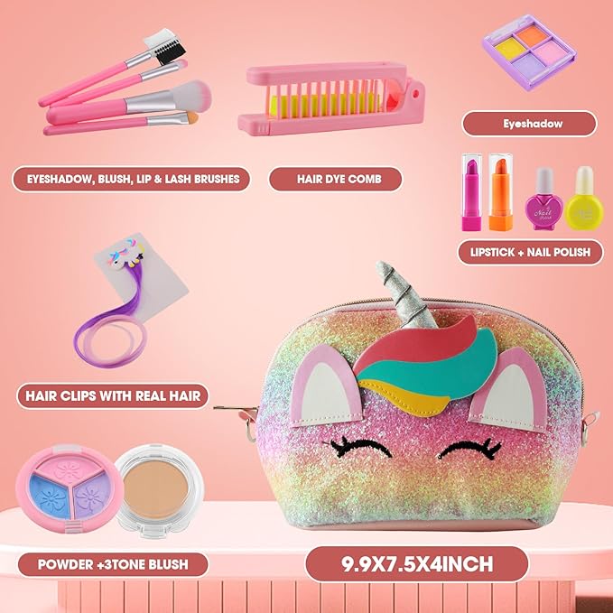 21 Pcs Kids Makeup Kit for Girls with Large Unicorn Travel Makeup Organizer, Washable Pretend Cosmetic Play Set with Portable Vanity Makeup Bag, Princess Make Up Gifts for Girls Ages 3+