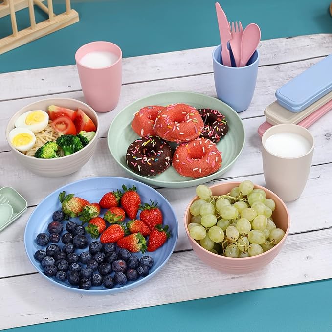 Wheat Straw Dinnerware Sets for 4, Wheat Straw Plates and Bowls Sets Kitchen Dishes 28pcs College Dorm Room Essentials Cutlery Set Microwave Safe (Colorful)