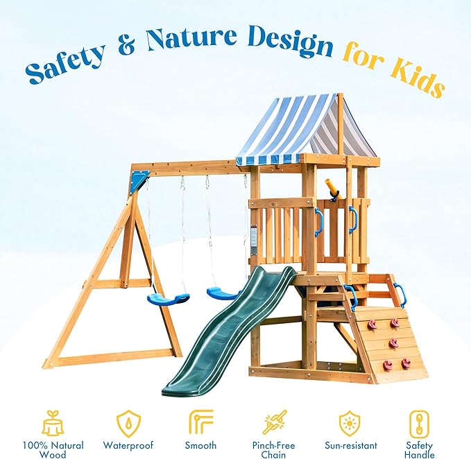 ROBUD Swing Sets for Backyard, Wooden Swing Set, All-in-One Kids Outdoor Play Equipment with Two Swings, Slide, Rock Climbing Wall, Blackboard, Telescope, Fort, Outdoor Playset for Kids & Toddlers