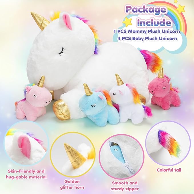 KIZZYEA Toys for Girls Ages 0 1 2 3 4 5 6 7 8+ Years, Unicorn Plush Toys Set, Soft Unicorn Mommy Stuffed Animal with 4 Baby Unicorns in Her Tummy, Birthday for Baby, Toddler, Kids