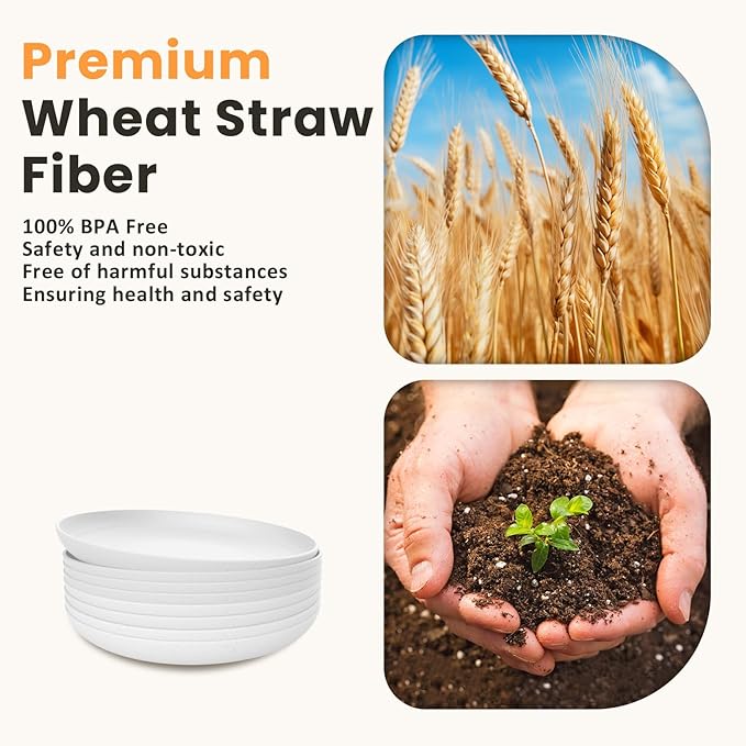 Homienly Wheat Straw Plates, 8 Inch Dessert Plates Set of 8, Unbreakable White Round Plate - Alternative to Plastic Plates, Lightweight Microwave and Dishwasher Safe Plate Set for Camping - White