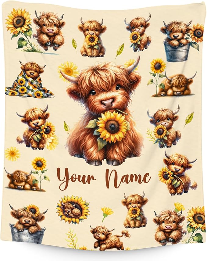 Personalized Kids Blankets with Name, Highland Cow Blanket Gifts for Girls Women Adults, Custom Cow Gifts with Sunflower, Warm Flannel Throw for Couch Living Room, 60"x80"