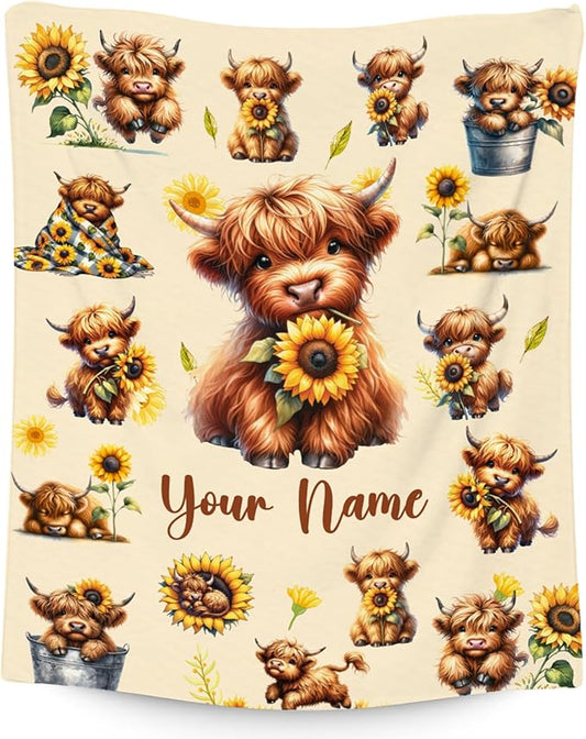 Personalized Kids Blankets with Name, Highland Cow Blanket Gifts for Girls Women Adults, Custom Cow Gifts with Sunflower, Warm Flannel Throw for Couch Living Room, 60"x80"