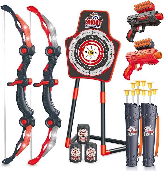 SpringFlower 2 Bow and Arrow Sets with LED Light-up,2 Foam Dart Guns for Kids 5 6 7 8 9 10+ Years Old, Archery Set with Standing Target for Boys & Girl, Ideal Gift