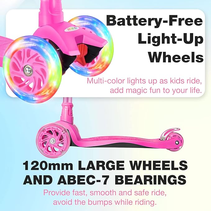BELEEV Scooters for Kids 3 Wheel Kick Scooter for Toddlers Girls Boys, 4 Adjustable Height, Lean to Steer, Light up Wheels, Extra-Wide Deck, Easy to Assemble for Children Ages 3-12 (Rose Pink)