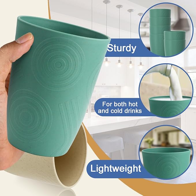 Drinking Cups Set Wheat Straw Cups 16 OZ - Reusable Water Cups Plastic Drinking Glasses 6 PCS Dishwasher Safe Cup Unbreakable Kitchen Cup for Camping, Outdoor Activities -Green
