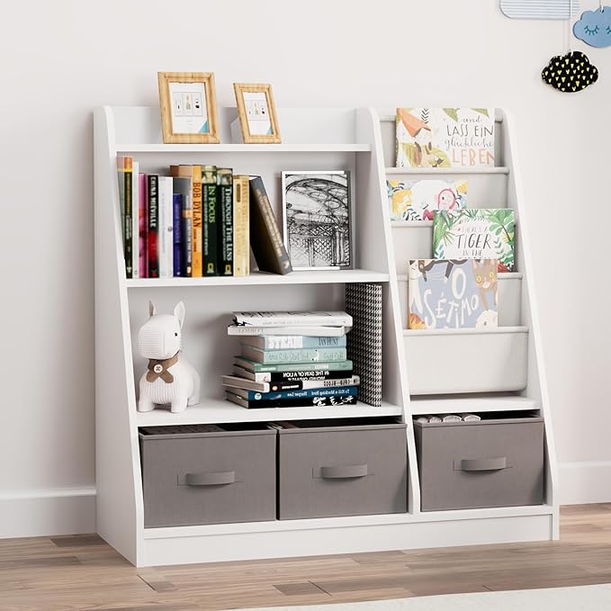 White Kids Bookshelf Wood Montessori Toy Storage Organizer Cabinet Shelf Child Bookcase Toddler Baby Sling Book Rack 3 Cube Bin Fabric Drawers for Playroom Bedroom Nursery School