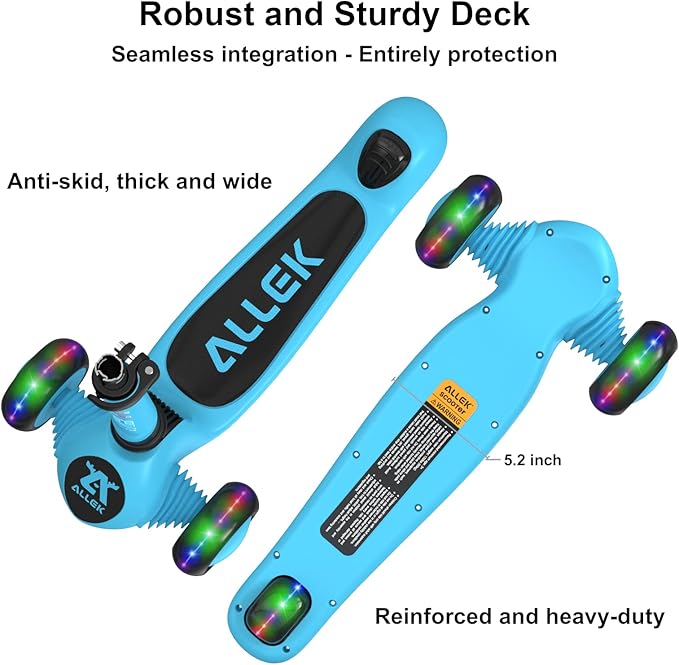 Allek Kick Scooter Foldable F02, 3-Wheel LED Flashing Glider and 4 Adjustable Height with Anti-Slip Thick Deck Push Scooter for Children 3-12yrs