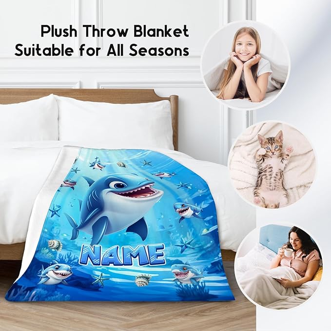 Custom Shark Blanket - Personalized Throw Gifts for Kids Boys - Flannel Cozy Blankets for Living Room, Office, 4 Size