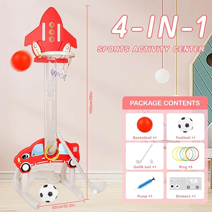 CYFIE Kids Basketball Hoop Toys with Football, Golf, Ring Toss, 4-in-1 Adjustable Height Toddler Activity Center Set for Girls Boys Sports Gifts Indoor Outdoor (Red)