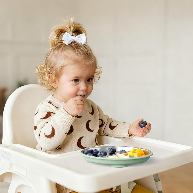 8" Stainless Steel Toddler Plates with Suction, Divided Plates with Removable Silicone Sleeves for Baby, Non Toxic & BPA Free |Unbreakable |Dishwasher Safe Dinnerware Set of 3, Blue Gray Sage
