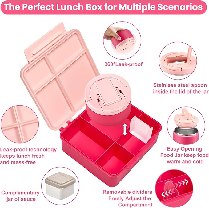 Bento Lunch Box with 8oz Soup Thermo,Kids Leakproof 4 Compartment Lunch Food Containers with Sauce Cup and Ice Pack,Kids Thermo Insulated Hot Food Jar and Lunch Bag for School,Trvael-Pink